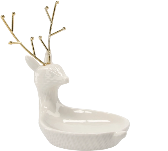 Suport ceramic pentru bijuterii în formă de cerb, alb cu detalii aurii