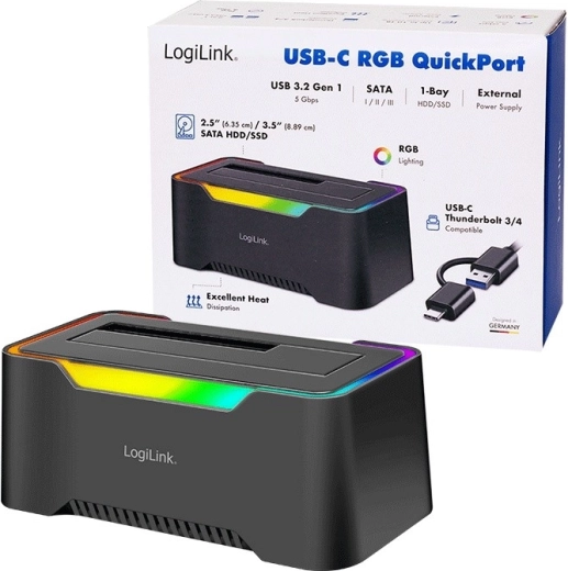 LogiLink stație de andocare USB‑C 3.2 Gen 1 pentru HDD/SSD SATA de 2,5"/3,5" cu RGB