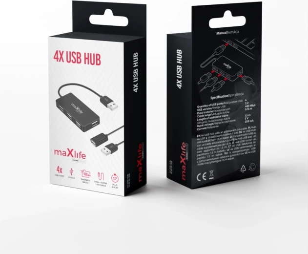 Maxlife home office hub USB 4× USB 2.0 negru 1,5 m