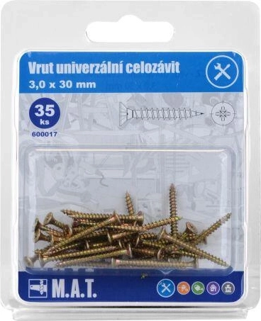 Șurub universal cu filet complet 3,0 × 30 mm, zincat, 35 buc.