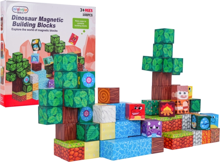 Set de cuburi magnetice 3D cu dinozauri - 100 de piese