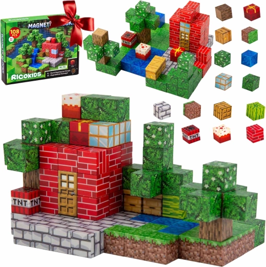 Cuburi magnetice de construcție cu motiv pixelat Ricokids - 108 buc.