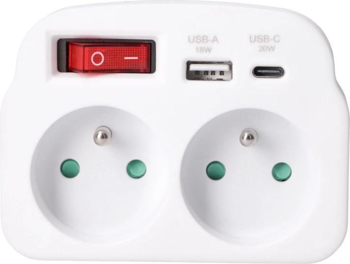 Solight distribuitor de prize cu 2 prize, încărcare rapidă USB-A și USB-C 20 W PD, alb