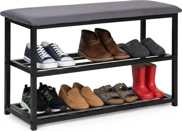 Bancă tapițată pentru pantofi 80 cm cu șezut și 2 rafturi ModernHome