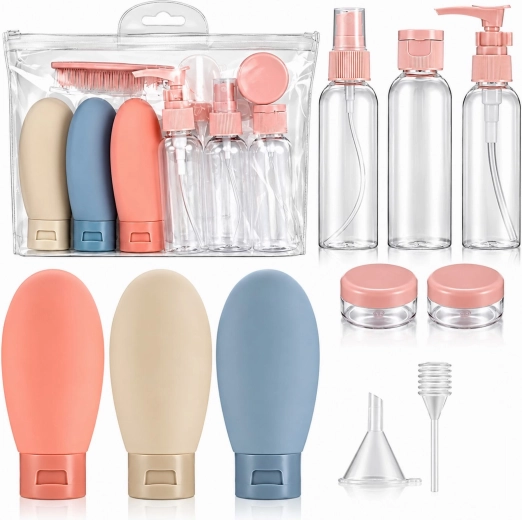 Set de călătorie cu sticluțe și recipiente reîncărcabile pentru cosmetice, pentru avion (12 buc.)