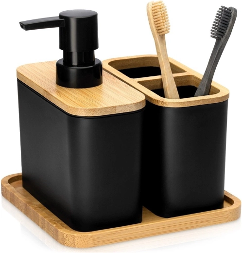 Vilde set de baie negru cu bambus, 3 piese