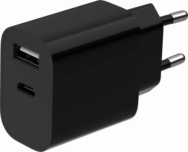 Încărcător universal de rețea USB cu 2 porturi (USB-A + USB-C), 2,4 A, negru