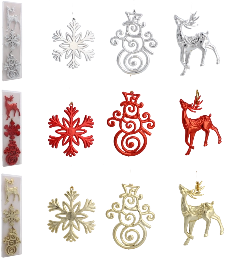 Set de ornamente de Crăciun – ren, fulg de zăpadă și om de zăpadă, mix lucios de culori