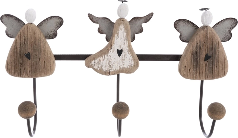 Cuier de perete decorativ Înger, bej, din lemn de paulownia și metal, 3 cârlige