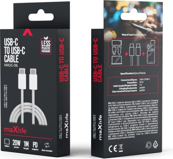 Cablu Maxlife din nylon USB-C – USB-C 1 m 20 W gri