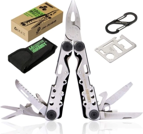 Jakemy multitool multifuncțional 10 în 1 cu card de supraviețuire, carabinieră și husă – 1 bucată