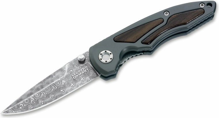 Cuțit de colecție pliabil din oțel Damasc BÖKER MANUFAKTUR SOLINGEN Leopard-Damast I, aluminiu și lemn