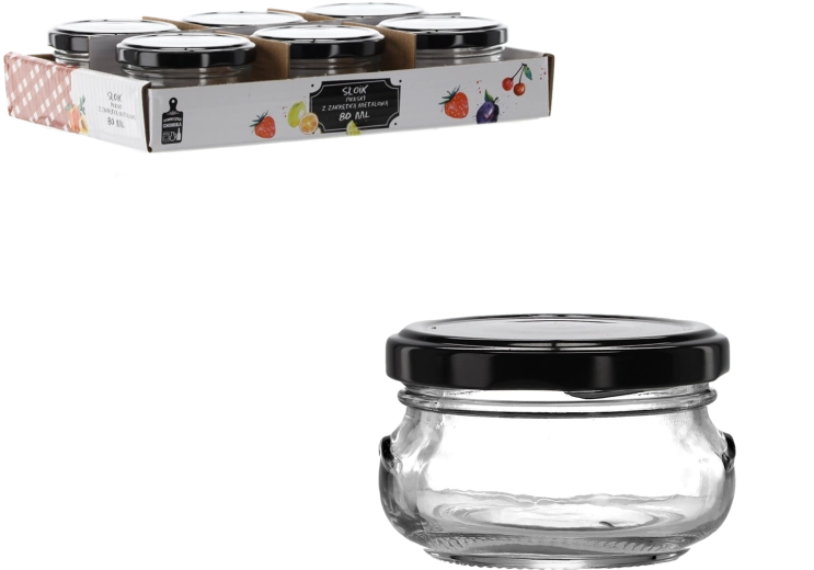 Borcan de sticlă 80 ml cu formă plată și capac metalic negru