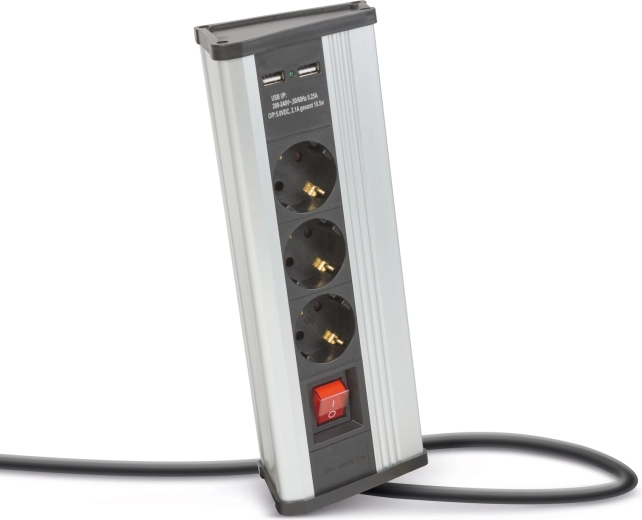 Priză prelungitoare de colț cu întrerupător și porturi USB, din aluminiu