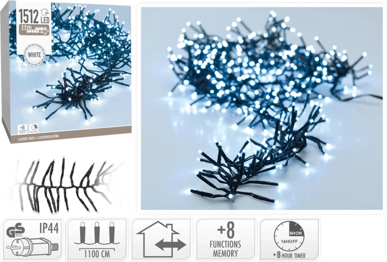 Șir luminos de Crăciun 11 m, 1512 LED, alb rece, 8 funcții, IP44, cu temporizator - 1 bucată