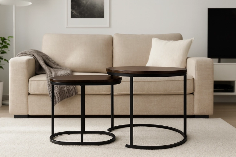 Set mese de cafea, rotundă și ovală, decor maro lemn