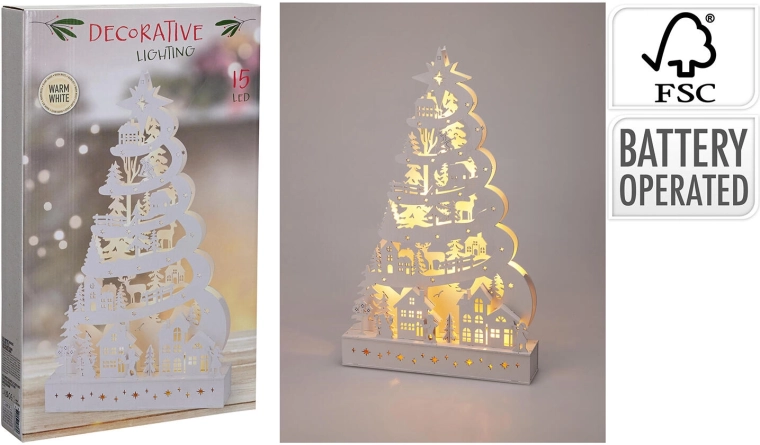 Decorațiune din lemn cu LED, brăduț de Crăciun 45 cm, alb - 1 bucată