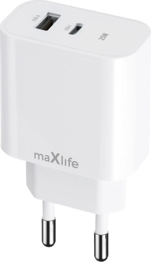 Încărcător de rețea Maxlife 25 W cu USB‑C și USB, alb