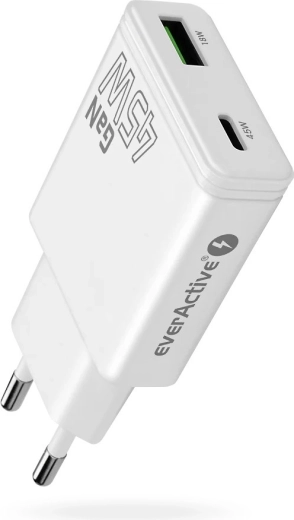 Încărcător everActive GaN super slim 45 W cu USB‑C PD și USB‑A QC 3.0