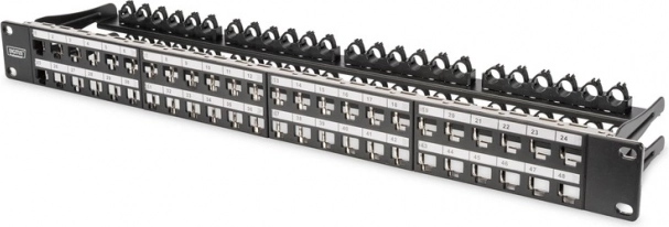 Panou patch modular Digitus de înaltă densitate, 19" 48x Keystone, ecranat, 1U, negru