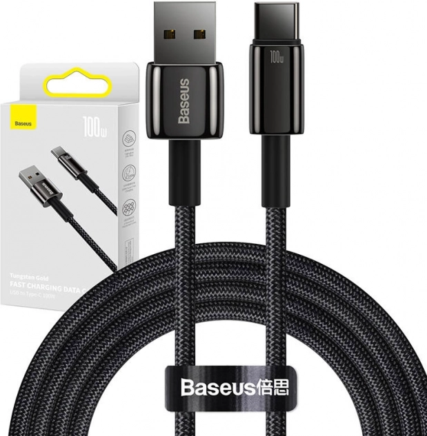 Cablu Baseus Tungsten Gold USB la USB-C, 100 W, 2 m negru