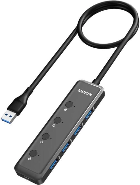 Hub USB 5‑în‑1 MOKiN cu 4× USB‑A și USB‑C de alimentare (negru)