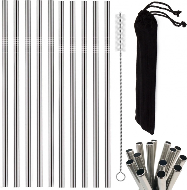 Set de paie din inox reutilizabile, 10 buc, cu perie de curățare și husă