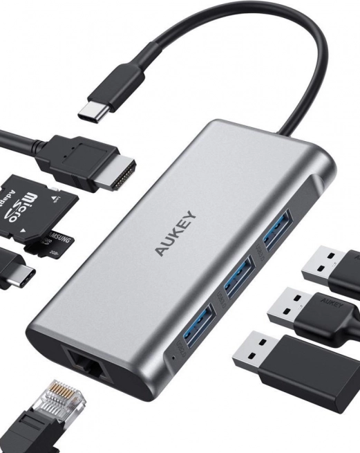 Adaptor USB-C 8-in-1 Aukey cu ethernet și HDMI