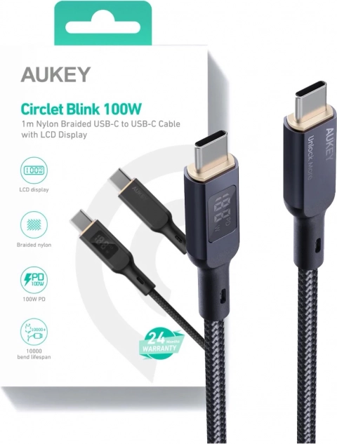 Cablu USB-C Aukey cu afișaj LED și suprafață împletită