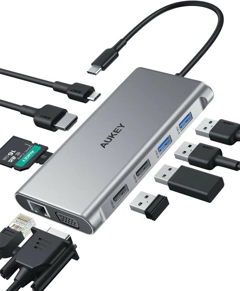 Hub USB‑C din aluminiu 10‑în‑1 cu Ethernet, HDMI 4K, VGA, cititor de carduri și PD 100 W AUKEY