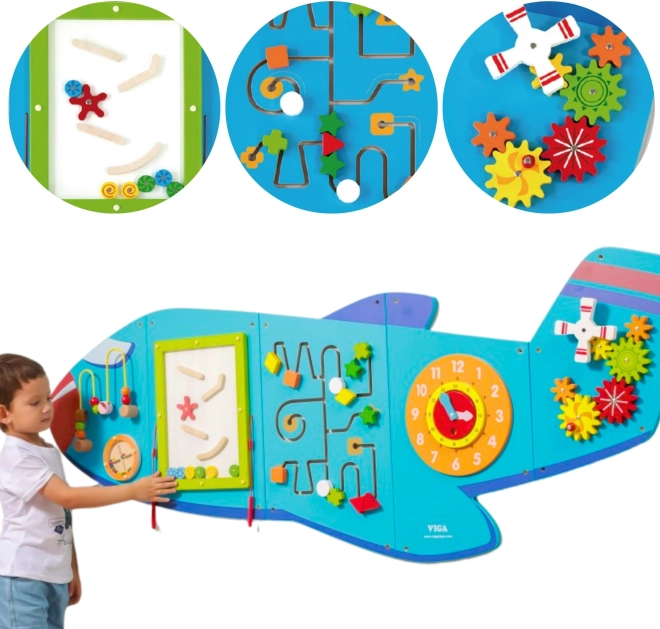 Tablă senzorială de perete din lemn în formă de avion VIGA Montessori