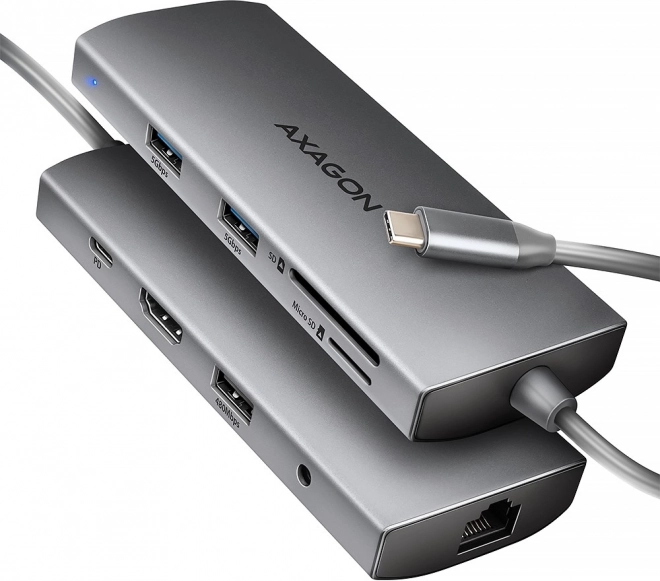 Hub USB‑C multifuncțional 9‑în‑1 5 Gb/s cu HDMI 4K/60 Hz, 3× USB‑A, cititor SD/microSD, GLAN, audio și PD 100 W, cablu USB‑C 20 cm