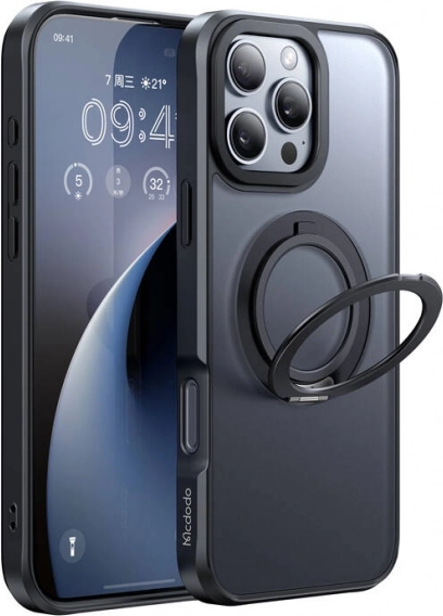 Husă magnetică cu suport inelar pentru iPhone 16 Pro (negru) McDodo