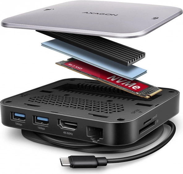 AXAGON hub USB‑C multiport 9‑în‑1 cu M.2 NVMe/SATA, HDMI 4K/60 Hz, PD 100 W, GLAN și cititor de carduri