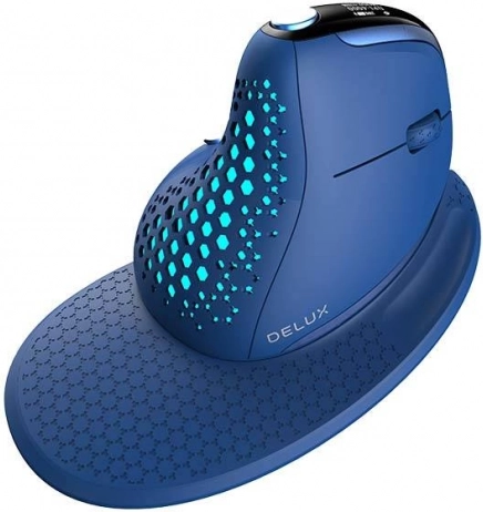 mouse vertical wireless DELUX M618XSD cu OLED, BT + 2,4 GHz și RGB (albastru)