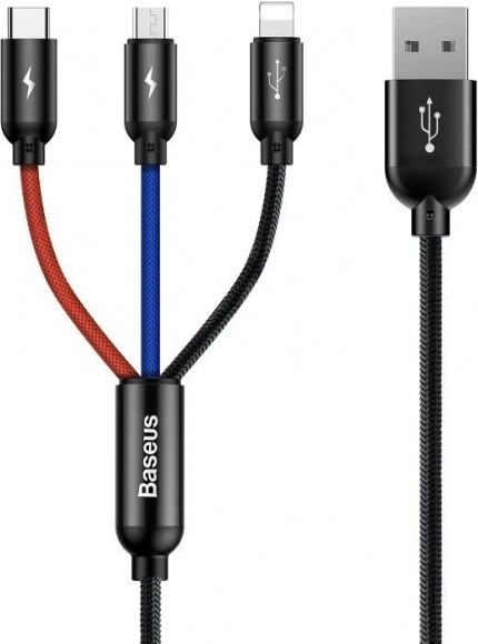 Baseus cablu 3‑în‑1 USB‑C / Lightning / Micro USB, 3,5 A, 0,3 m, negru