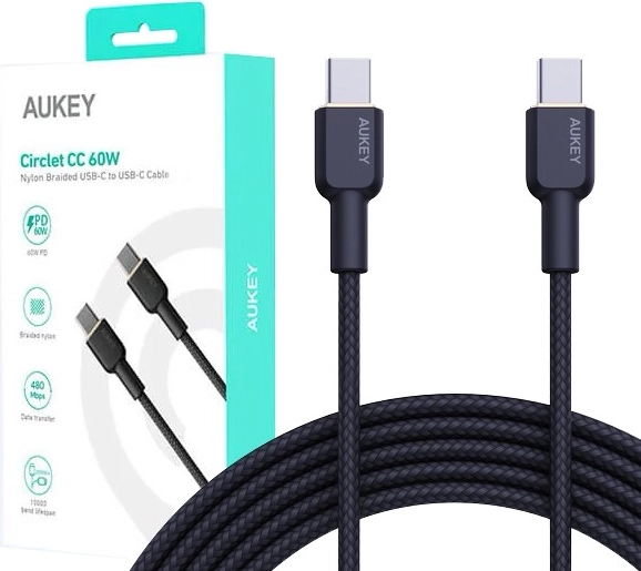 Aukey cablu USB‑C la USB‑C 1,8 m, 60 W PD, împletitură din nailon, negru
