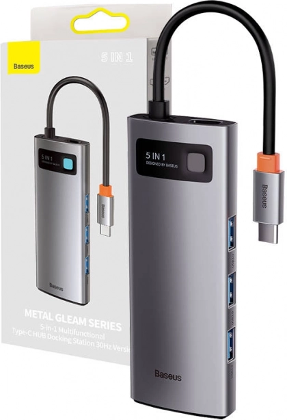 Adaptor Baseus 5‑în‑1 hub USB‑C cu HDMI, 3× USB 3.0 și USB‑C PD 100 W