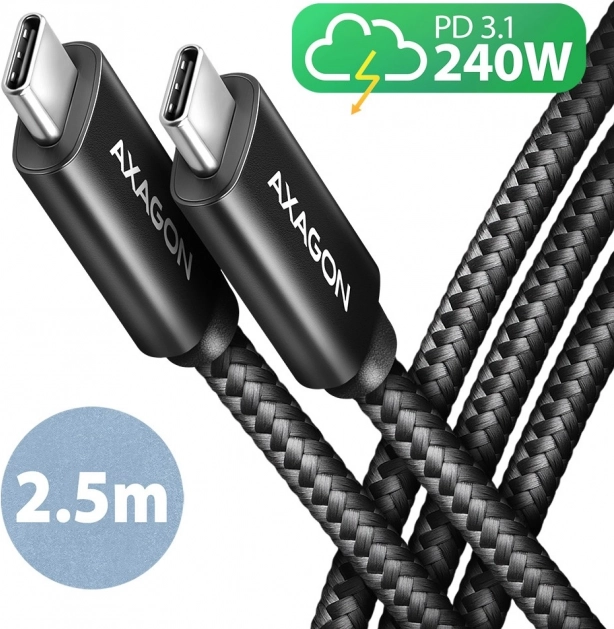 Cablu USB‑C AXAGON 2,5 m 240 W PD 5 A, împletit din aluminiu, USB 2.0, negru