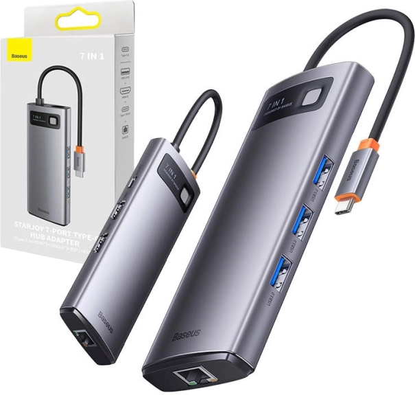 Hub USB‑C Baseus 7‑în‑1 Metal Gleam (3× USB 3.0, HDMI, VGA, Ethernet RJ45, PD 100 W)