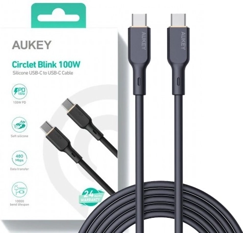 Cablu Aukey USB‑C 1 m, silicon, 100 W Power Delivery, 5 A, negru