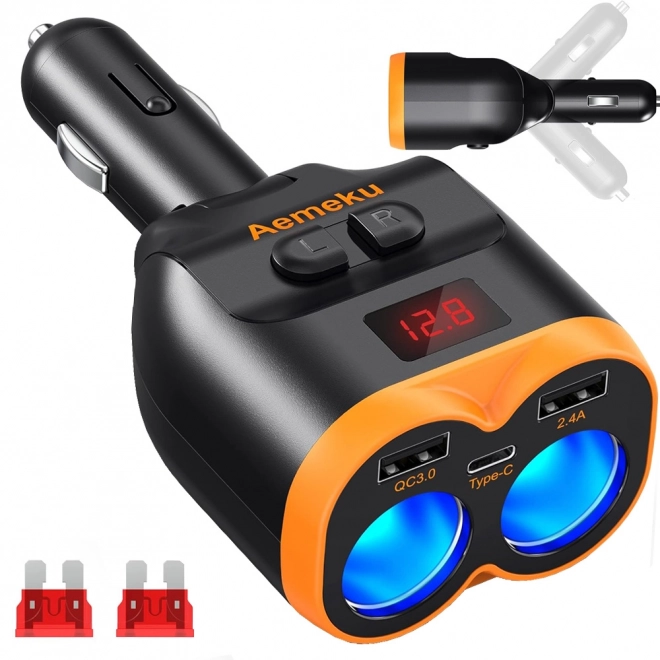 Încărcător auto cu adaptor pentru brichetă 80W cu porturi USB și USB-C