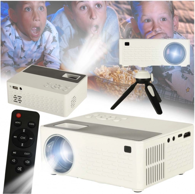 Proiector LED portabil 1080p cu TFT LCD și trepied, alb