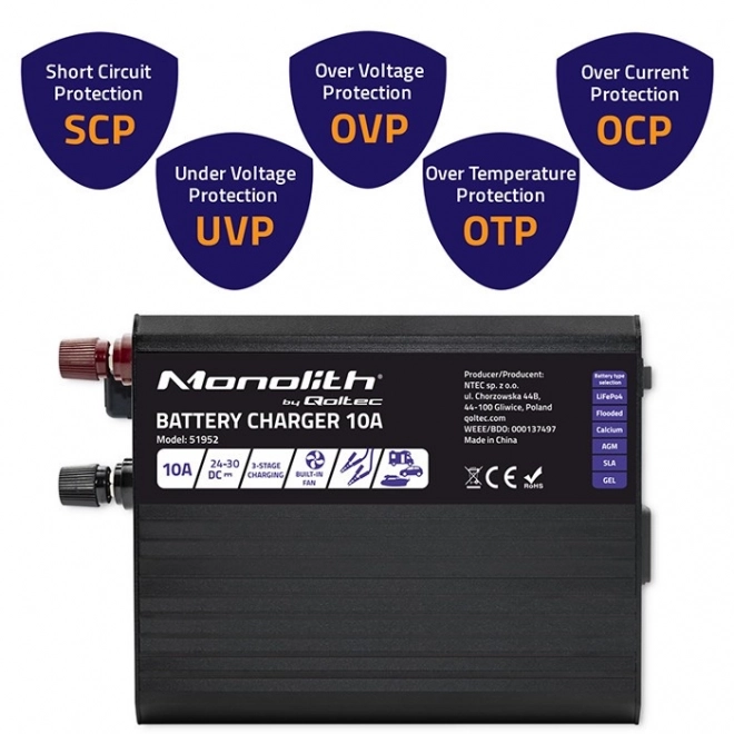 Încărcător inteligent Monolith pentru acumulatori LiFePO4 AGM GEL SLA 10A 24V