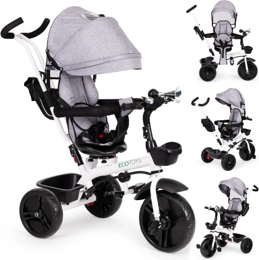 Tricicletă pentru copii cu scaun rotativ 360° și copertină, gri ECOTOYS
