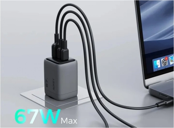 Încărcător de perete ultrarapid Aukey PA-C3 Comet Mix 3 GaN 67 W 3x USB (2x USB-C și 1x USB-A)