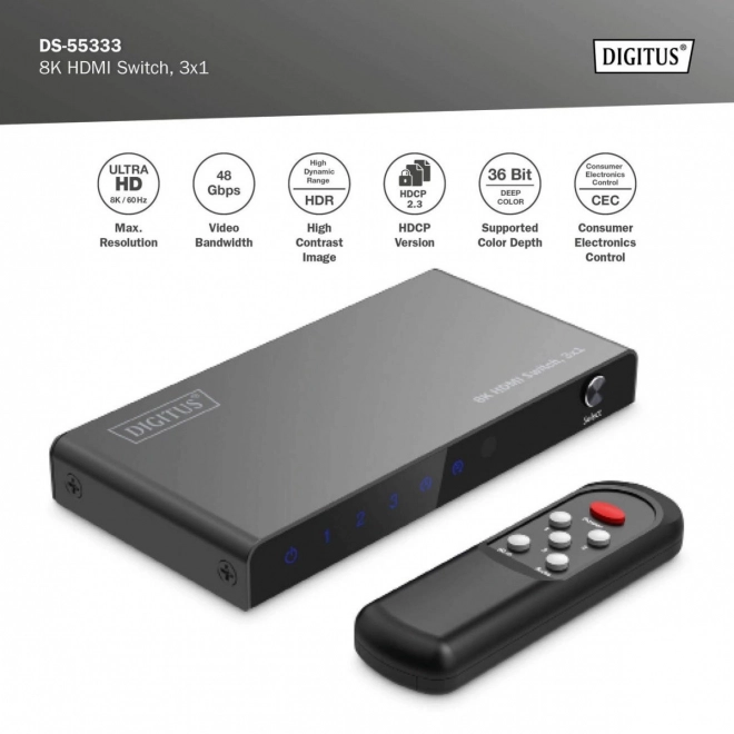 Przechi Switching HDMI 8K 3 în 1 cu telecomandă