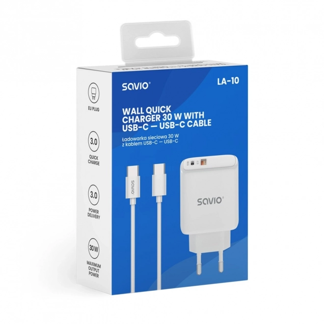 Încărcător Savio 30W Quick Charge Power Delivery Alb cu Cablu