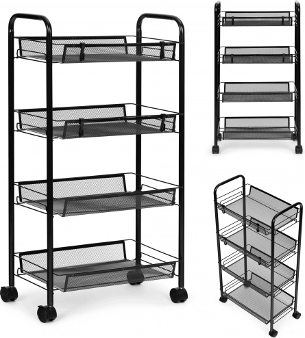 Organizator negru din metal pentru rafturi, pentru bucătărie sau baie, 4 polițe cu roți, ModernHome