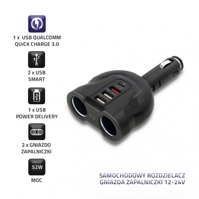 Împărțitor auto pentru priză brichetă 12-24V cu încărcare rapidă